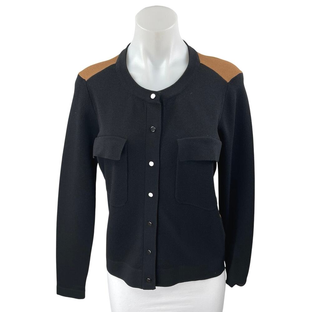 Gerard Darel Black Tan Long Sleeve Colorblock Button Down Cardigan Sweater Top 2